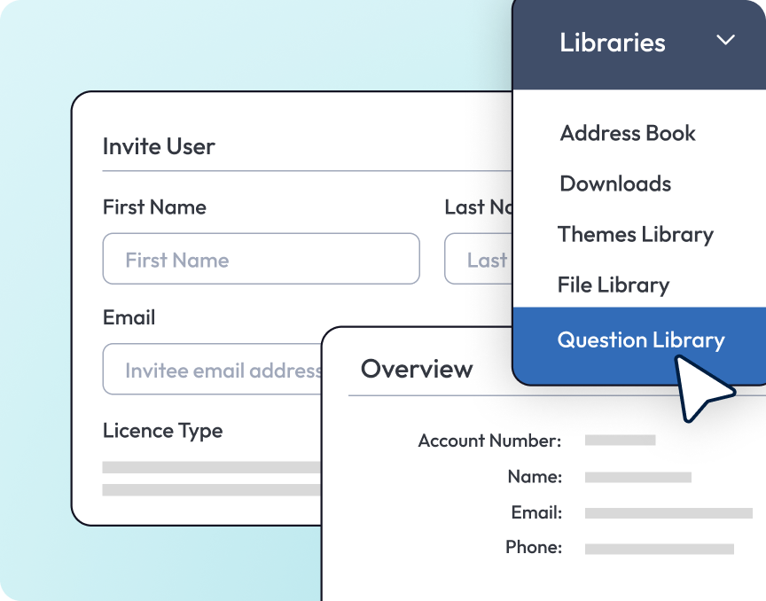 Illustration showing team collaboration features including, question,  file and theme libraries and shared address book.