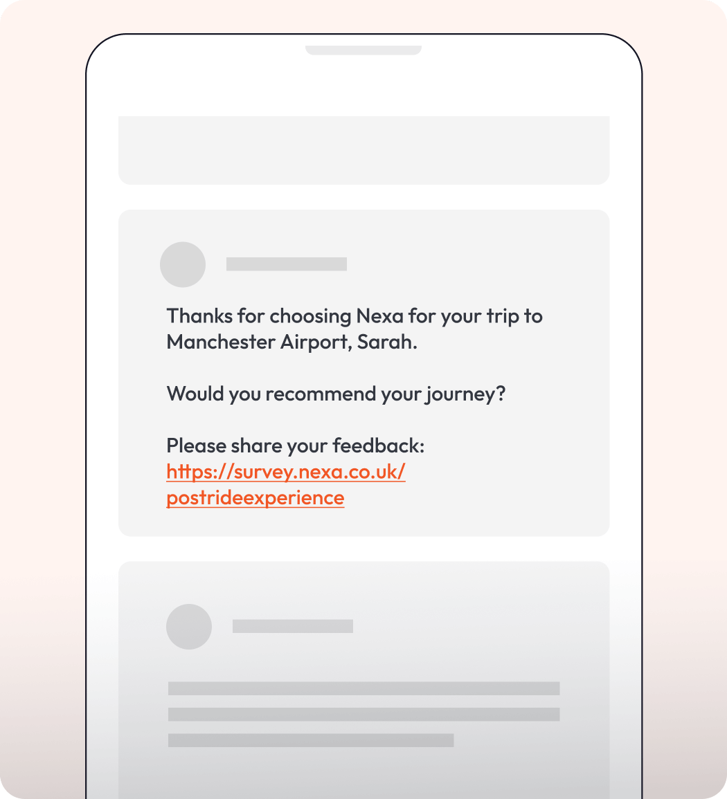 A graphic showing a survey link received by text message.