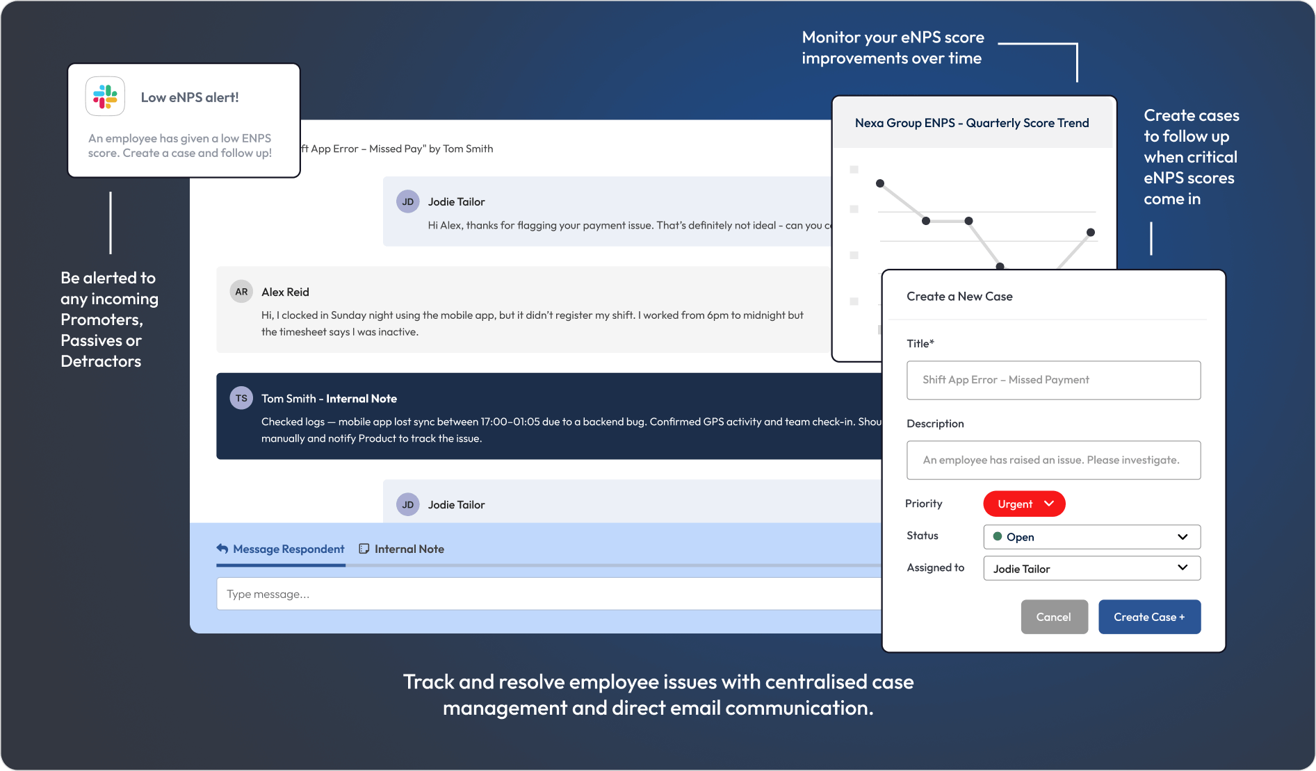 Graphic showing automated eNPS alerts and case management.