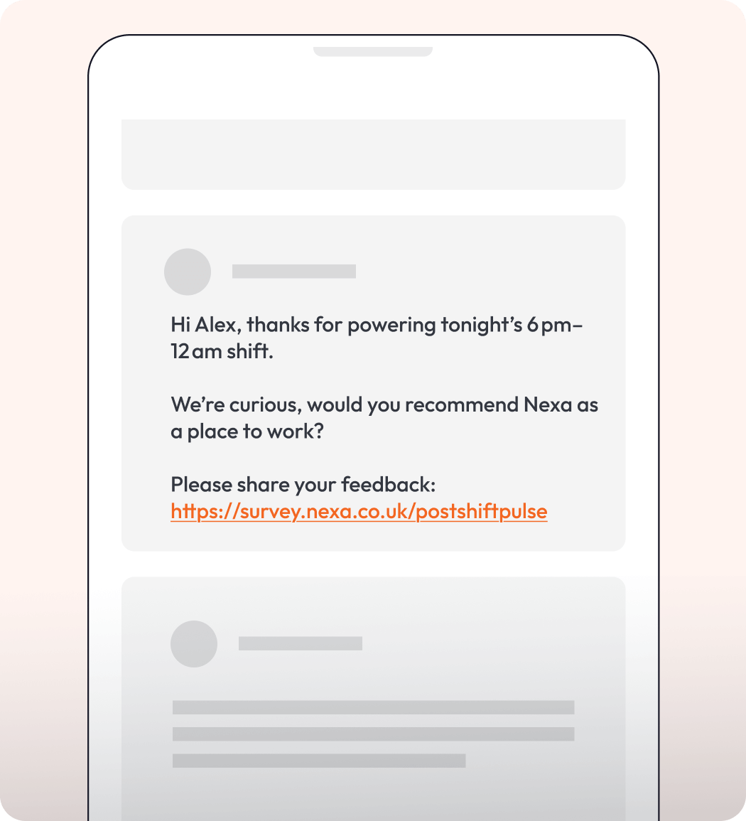 Graphic showing an SMS message with link to eNPS survey.