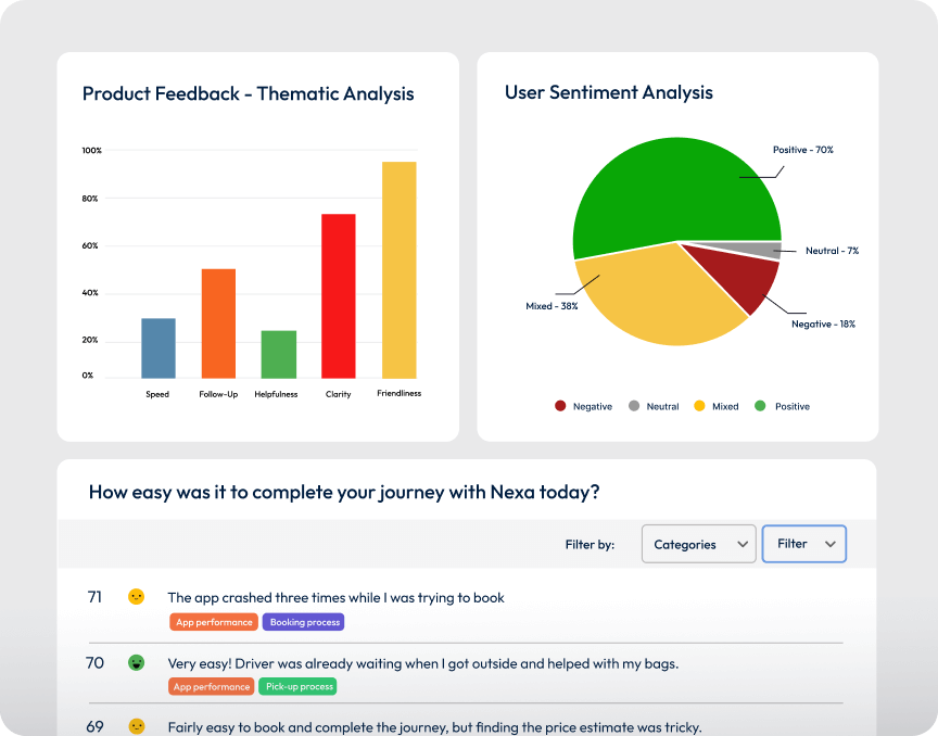A dashboard graphic showing thematic analysis and user sentiment results.