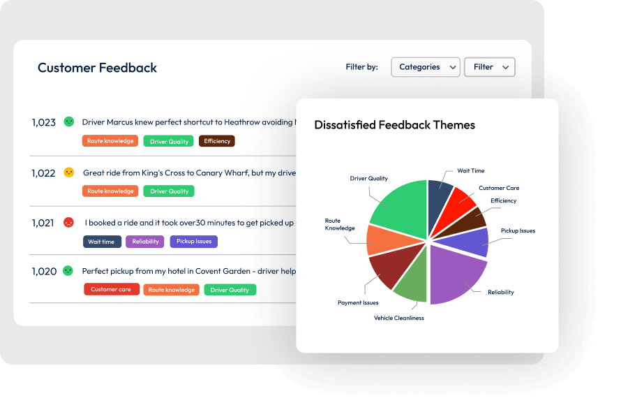 Graphic showing dissatisfied feedback themes uncovered in customer survey responses.