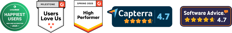 User award badges from Crozdesk, G2, Capterra and Software Advice.