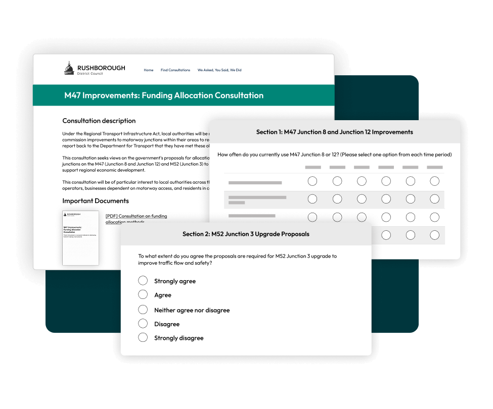 Screenshots of a consultation with survey questions.