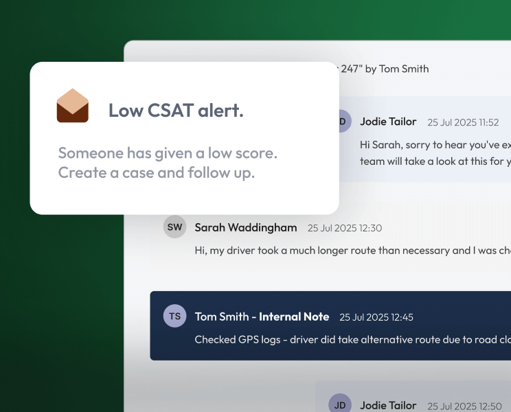 Screenshot of a low CSAT automated alert.