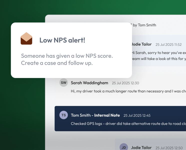 Screenshot of a low NPS automated alert.