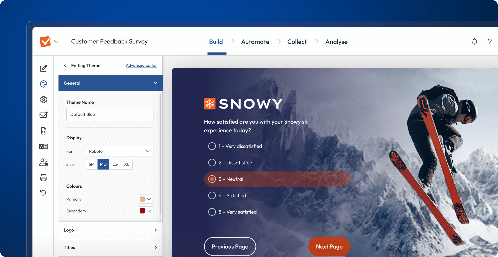 A screenshot showing the SmartSurvey theme editor.