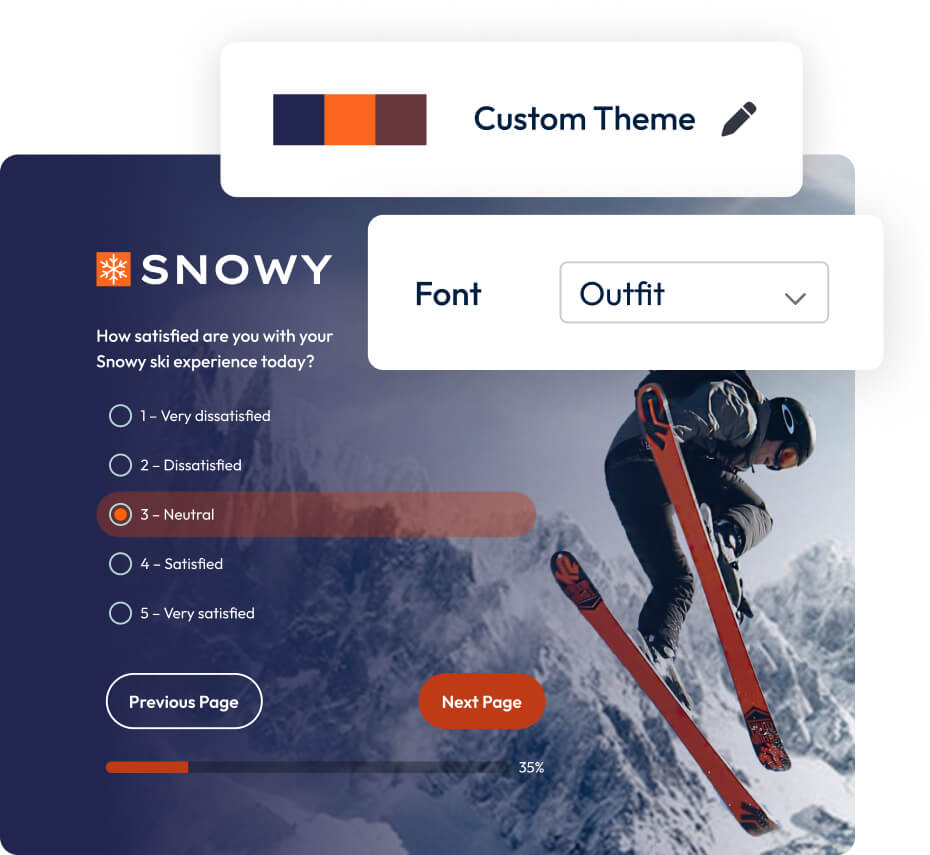 Screenshots showing font and colour options to create a branded survey theme.