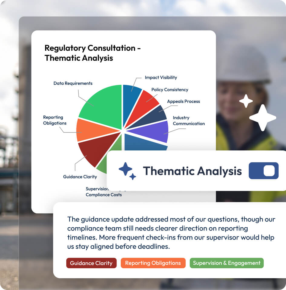 Screenshots showing thematic analysis results from a consultation survey.