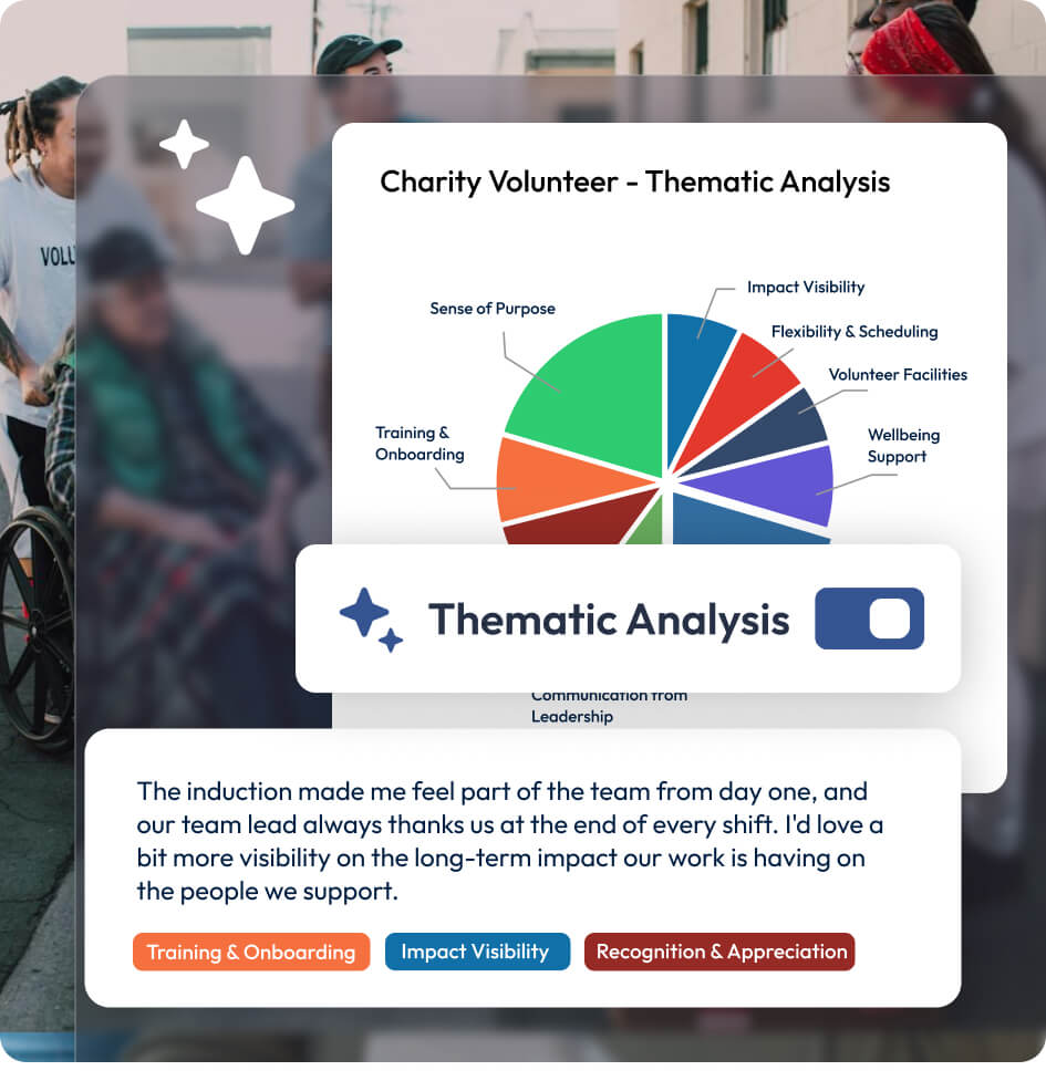 Screenshots showing thematic analysis applied to a volunteering survey.