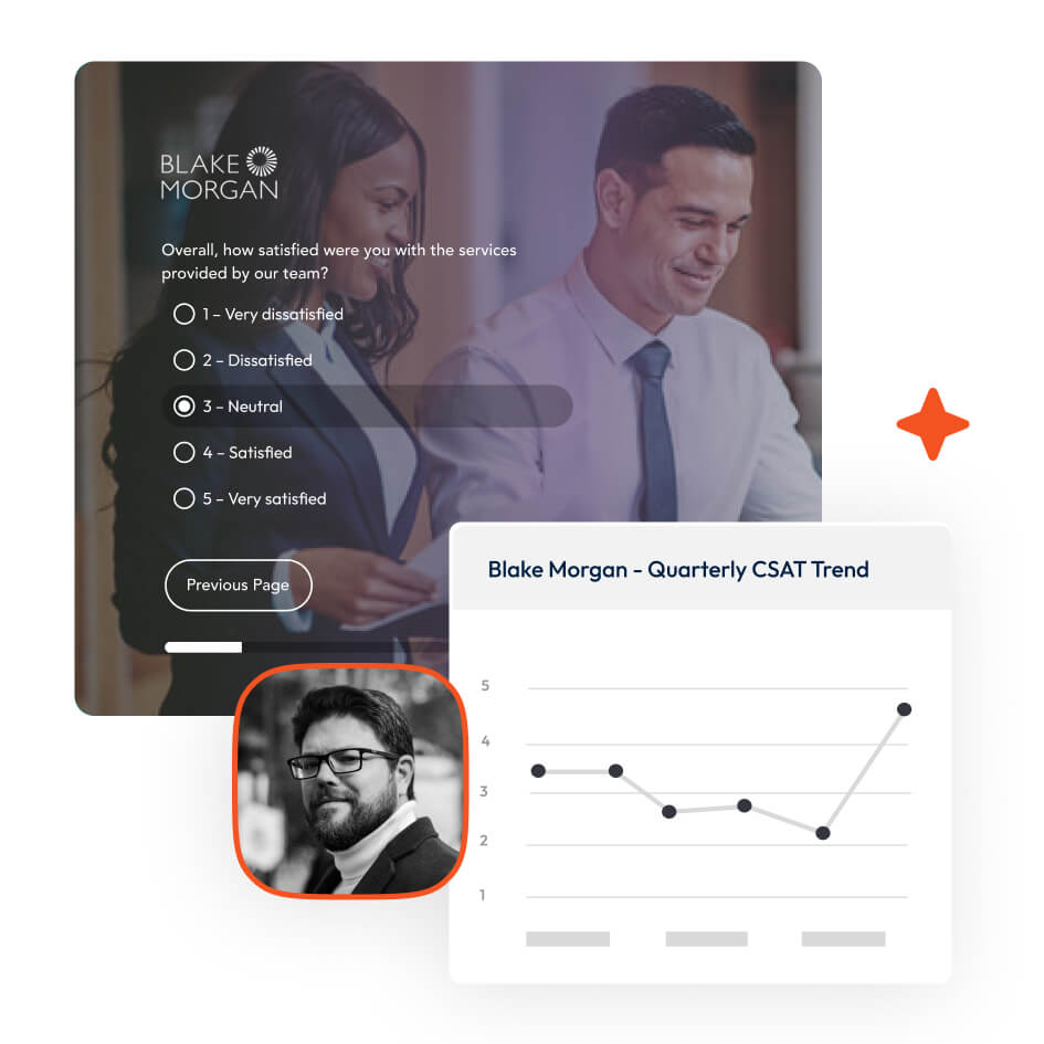 Screenshots of a customer satisfaction survey and trend chart.