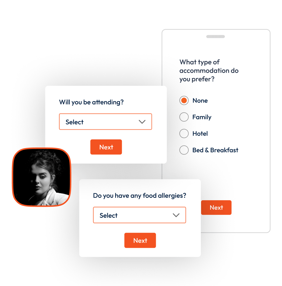 Screenshots showing example survey questions.