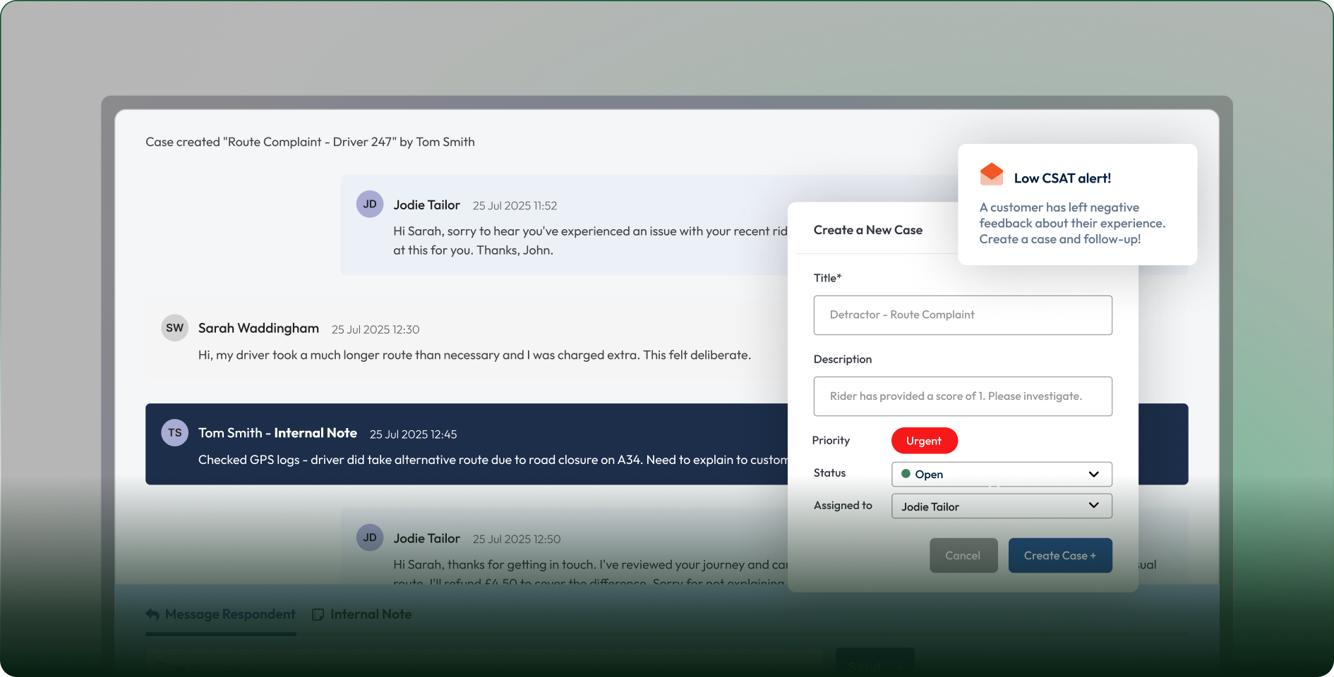 Screenshots showing how a low CSAT response can trigger a new case to resolve problems.